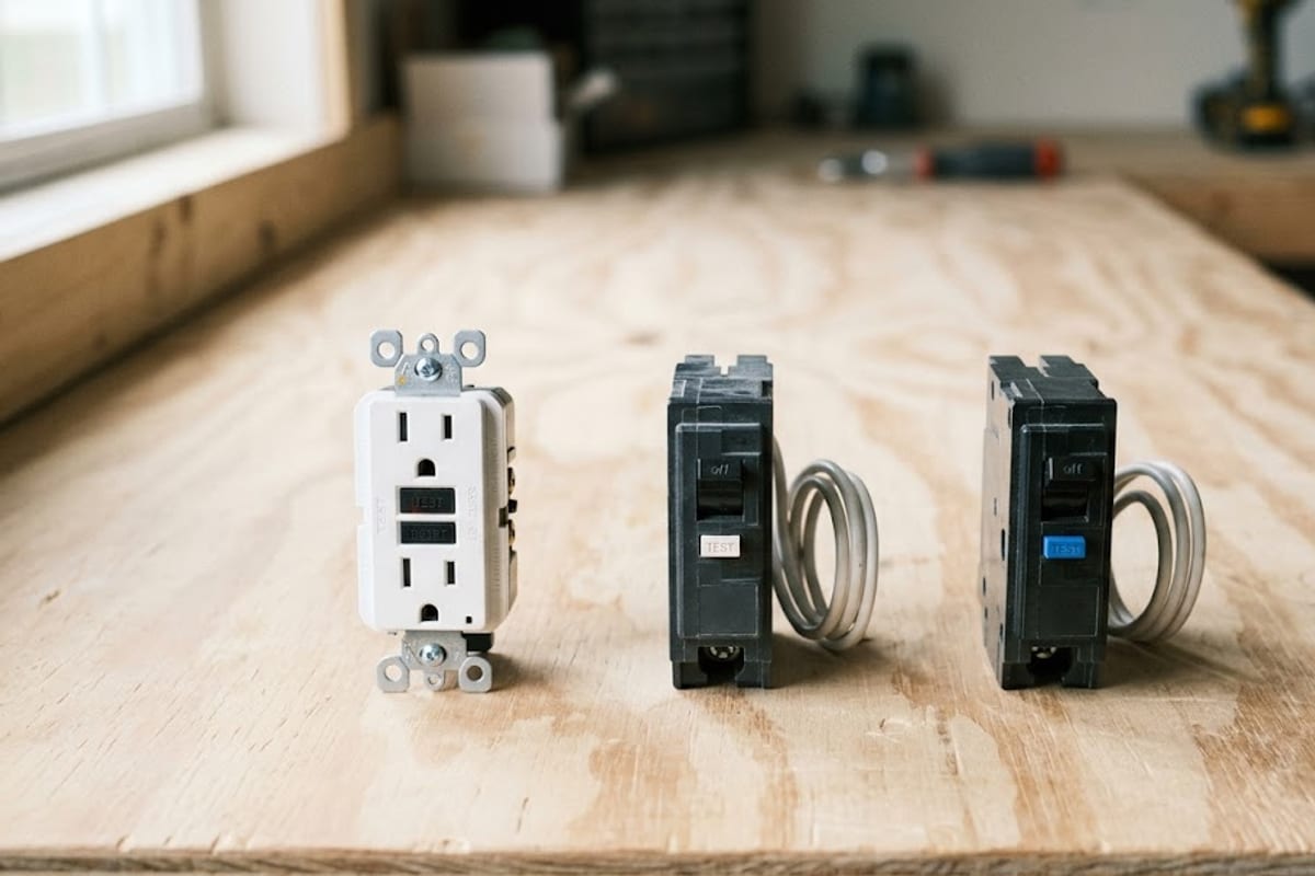A GFCI receptacle, an AFCI breaker and a dual-function breaker on a workbench