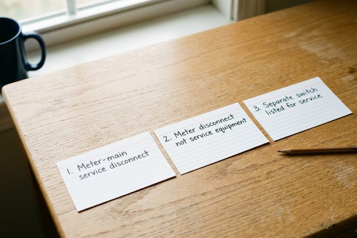 Three cards listing the three ways to meet the outdoor disconnect rule