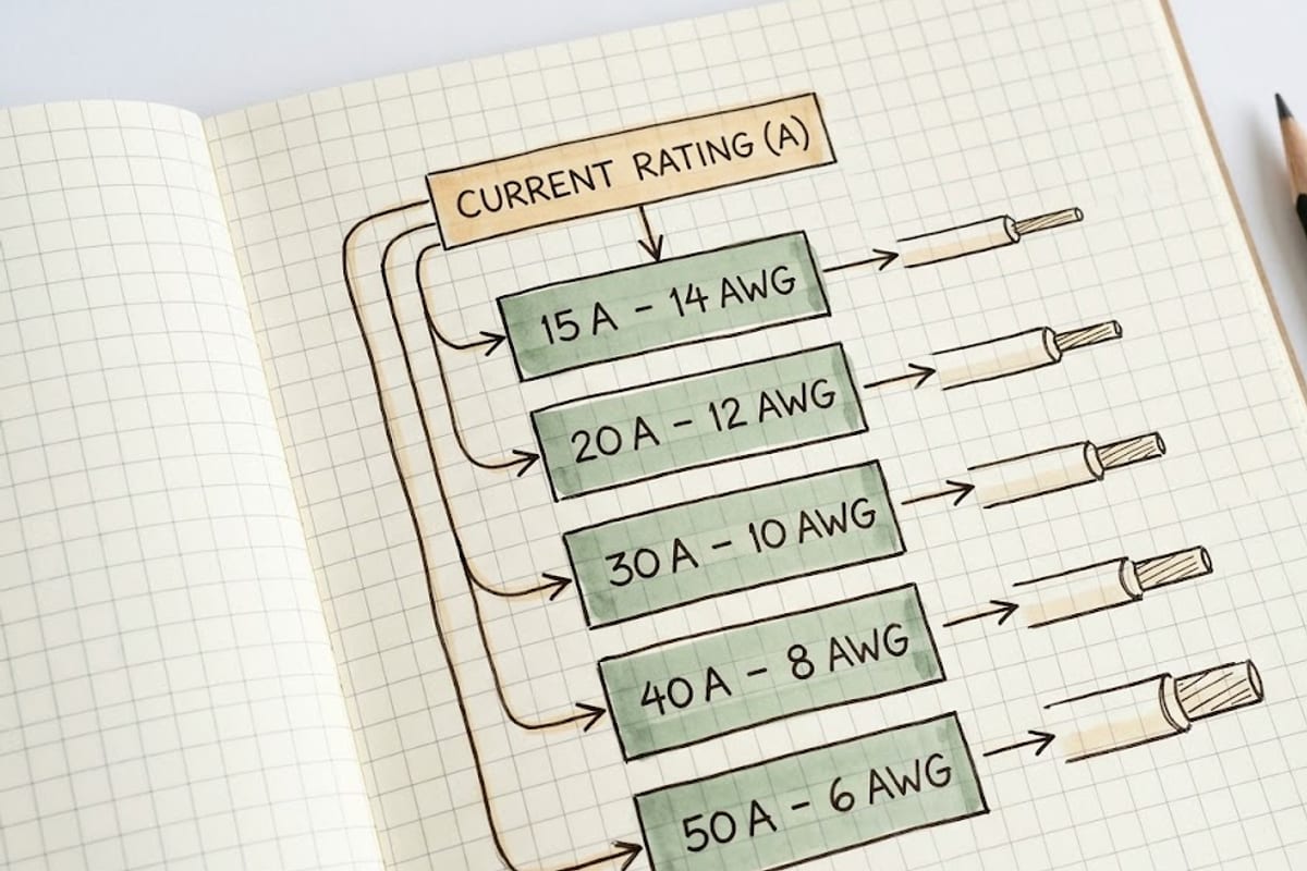 A handwritten chart of breaker sizes and copper wire gauges