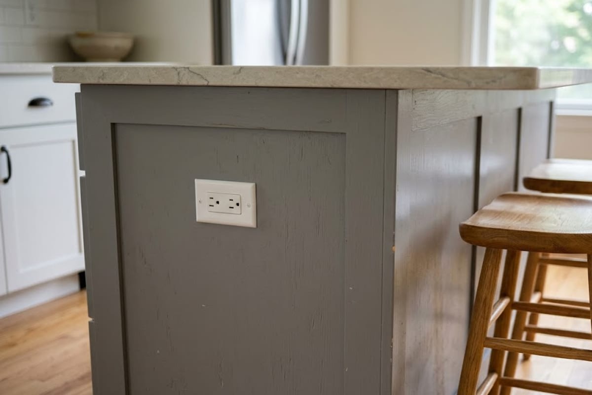 A receptacle on the side panel of a kitchen island
