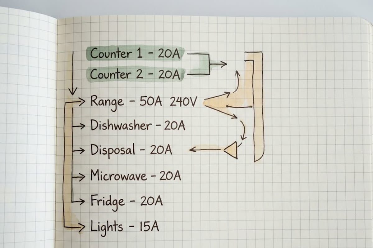 A handwritten list of the circuits in a typical kitchen