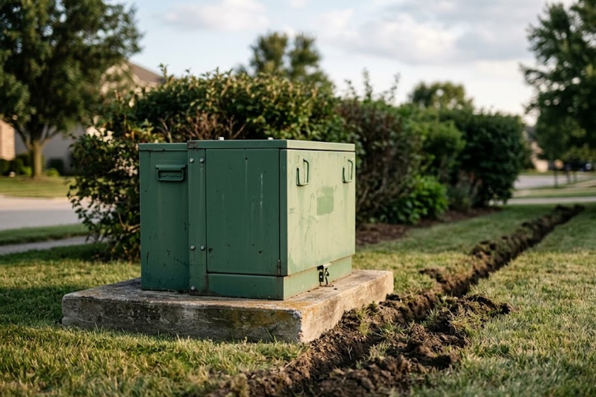 A green pad-mounted utility transformer at the edge of a residential lawn
