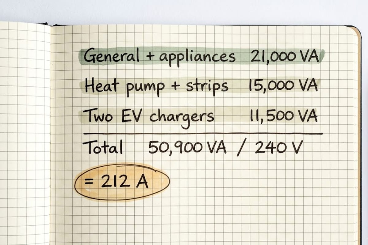 A handwritten load check ending in 212 amps