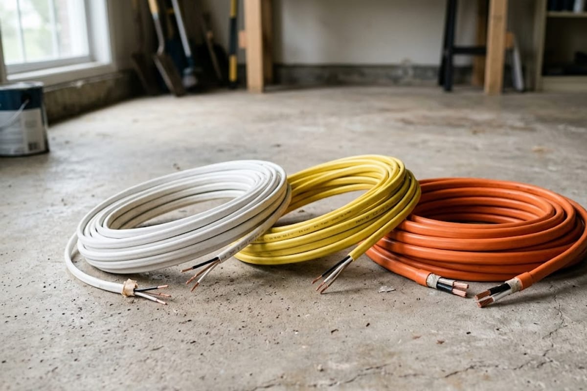 Rolls of NM cable in white, yellow and orange jackets