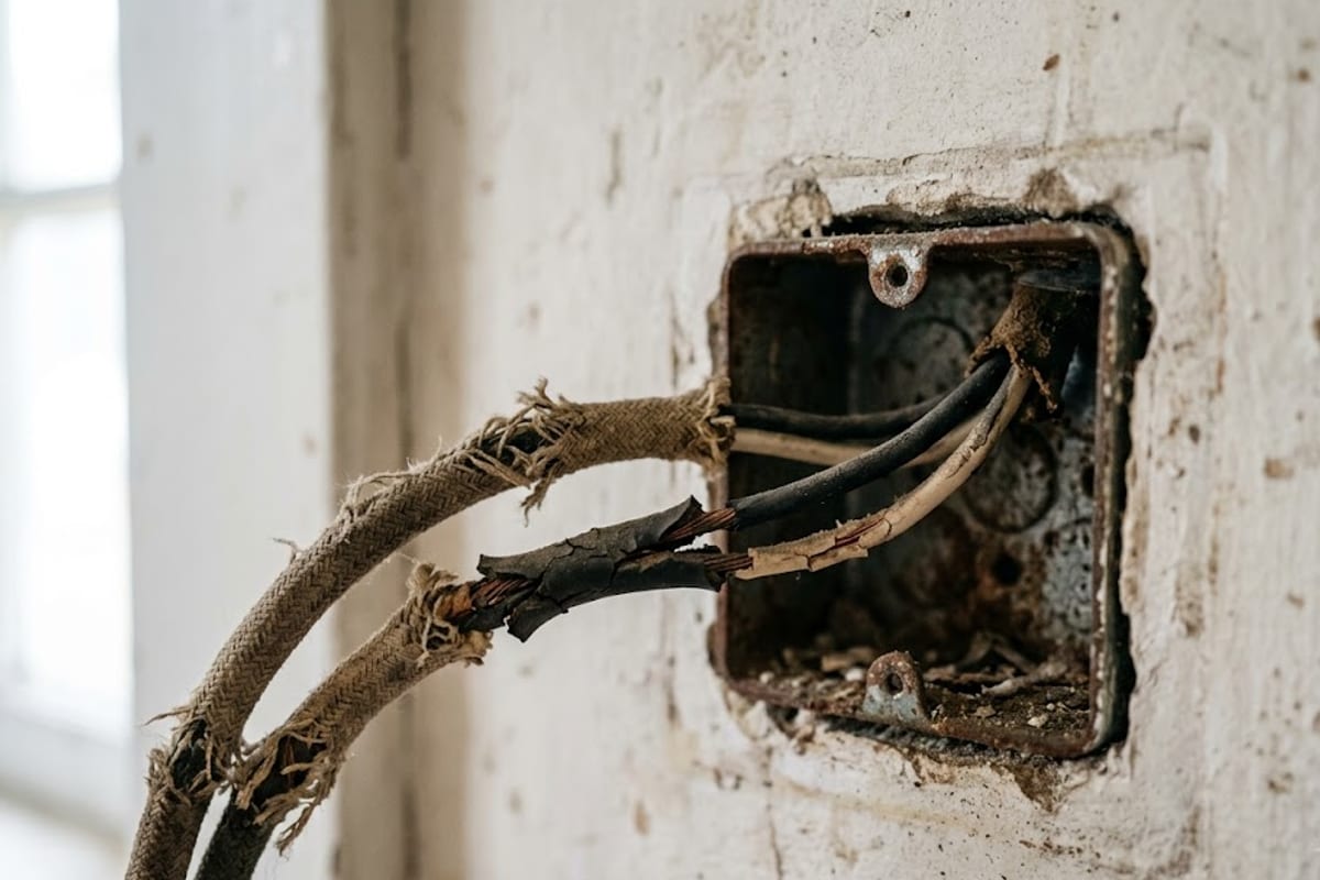 Old cloth-sheathed cable with brittle insulation in a metal outlet box