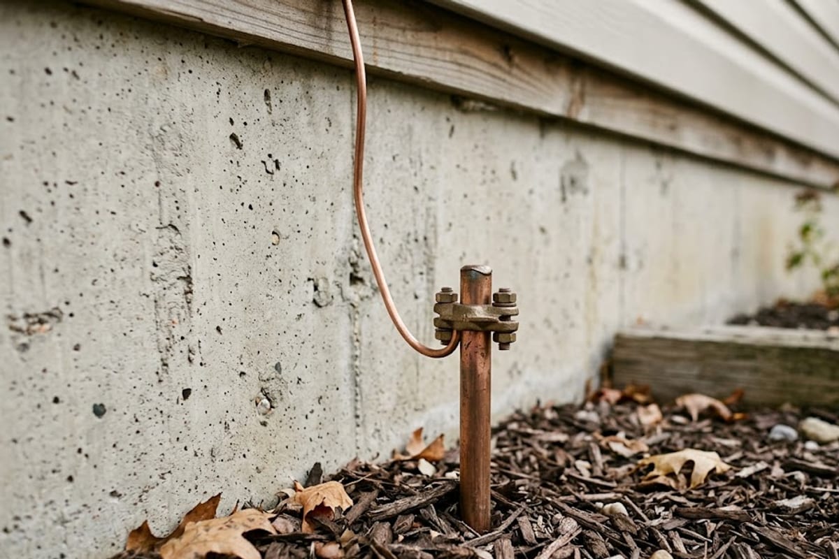 A copper grounding electrode conductor clamped to a ground rod beside a foundation