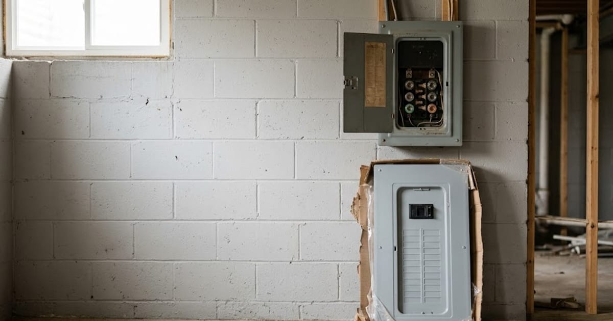 An old 100 amp fuse panel beside a new 200 amp breaker panel waiting to be installed