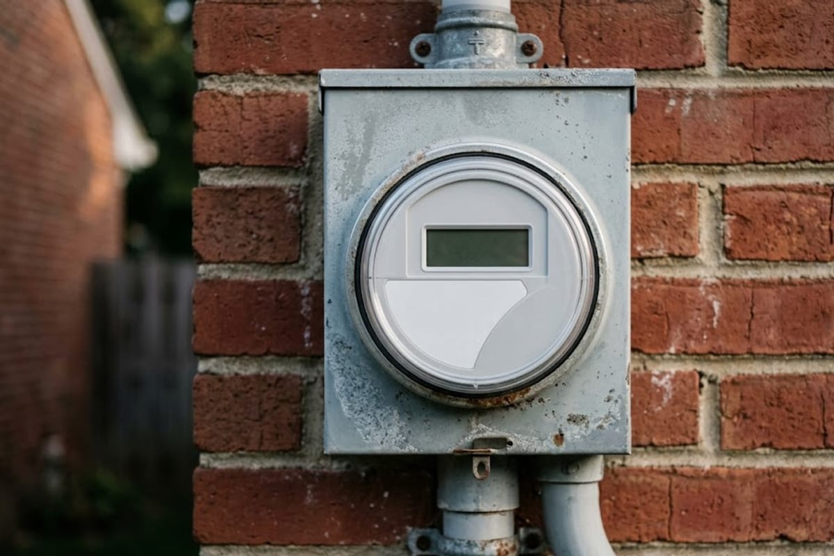 A residential electric meter socket on brick