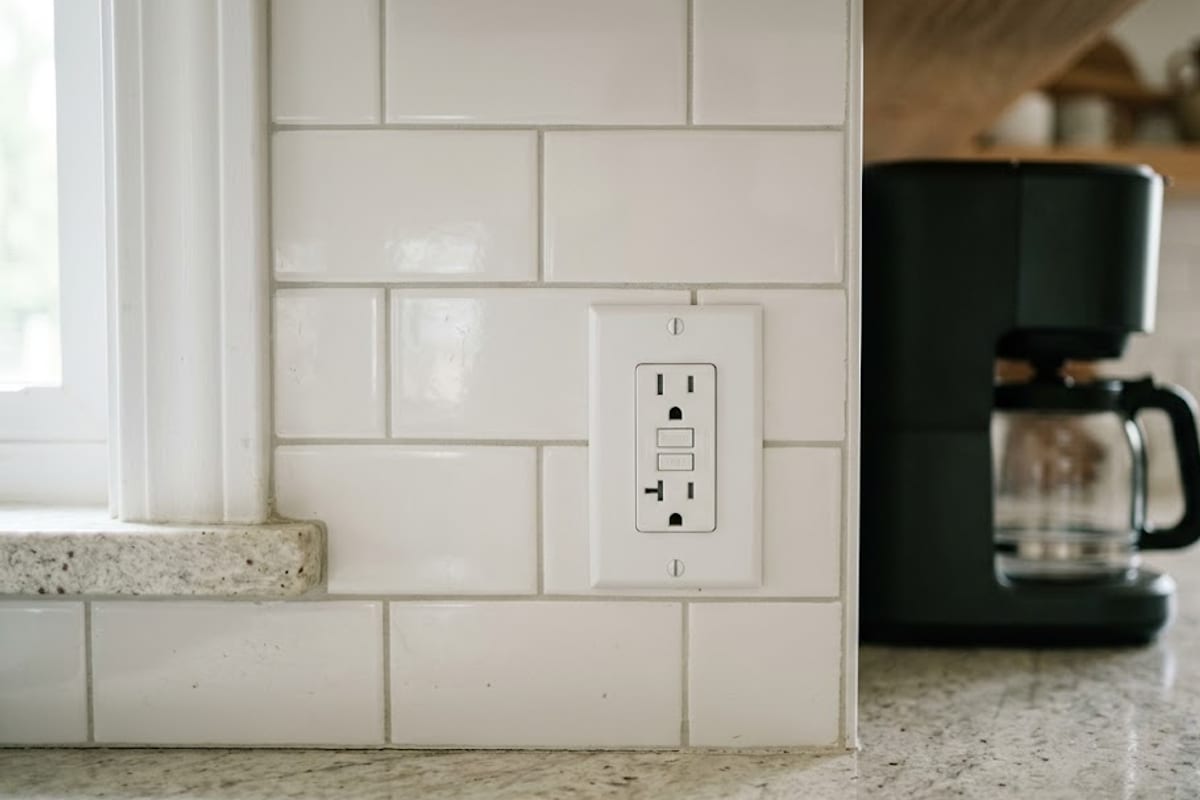 A GFCI receptacle with test and reset buttons above a kitchen countertop