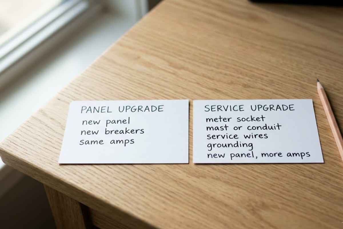 Two index cards listing what a panel upgrade and a service upgrade include