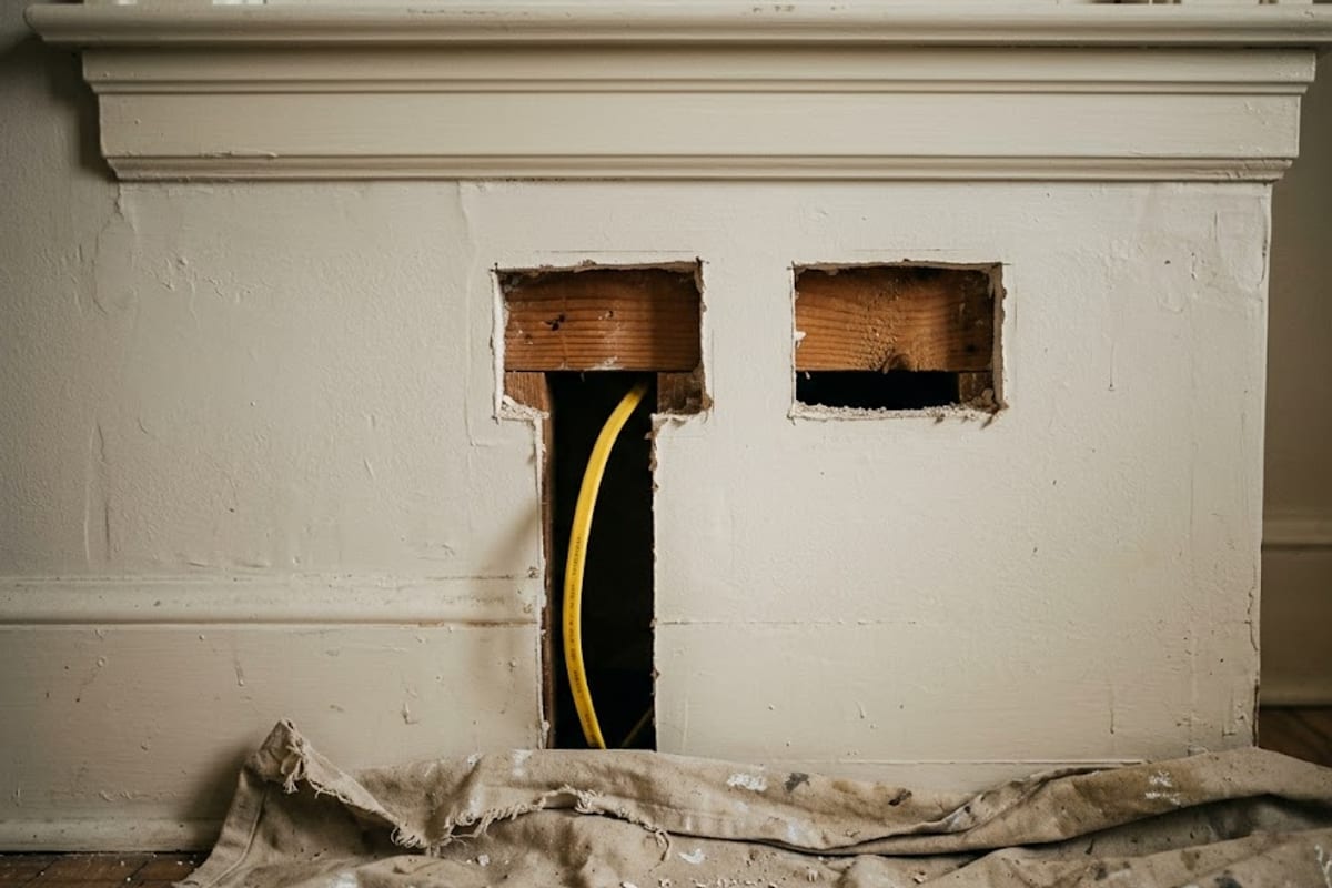 Small access holes cut in a plaster wall near the ceiling during a rewire