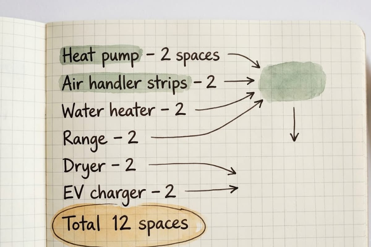 A handwritten count of dedicated circuits in an all-electric house