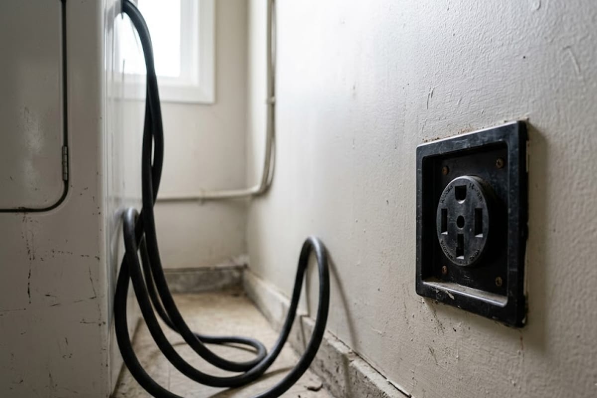A four-prong 30 amp dryer receptacle on a laundry room wall