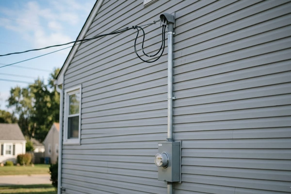 A new service mast, weatherhead and meter socket on the side of a house
