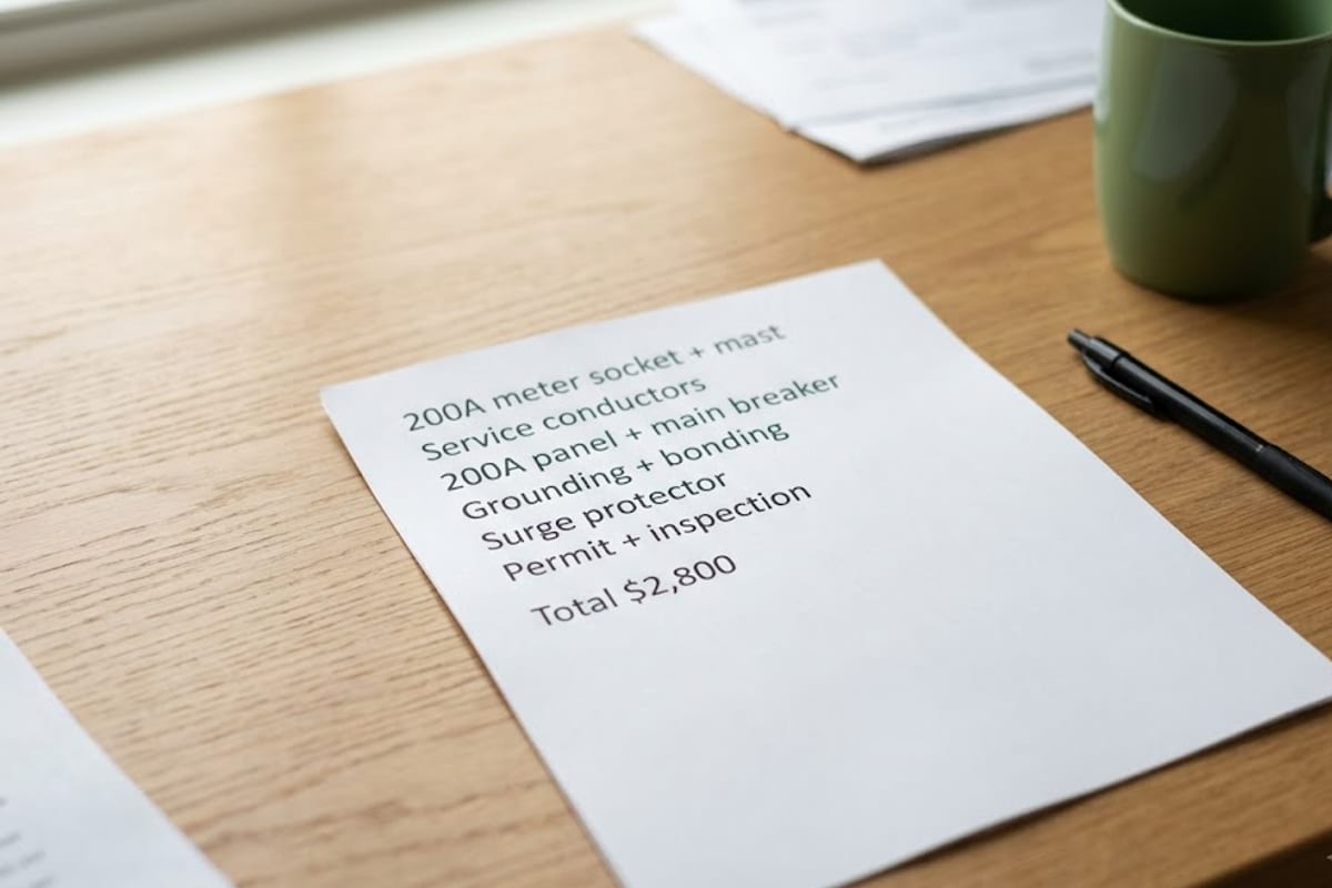 An itemized quote for a 100 to 200 amp service upgrade