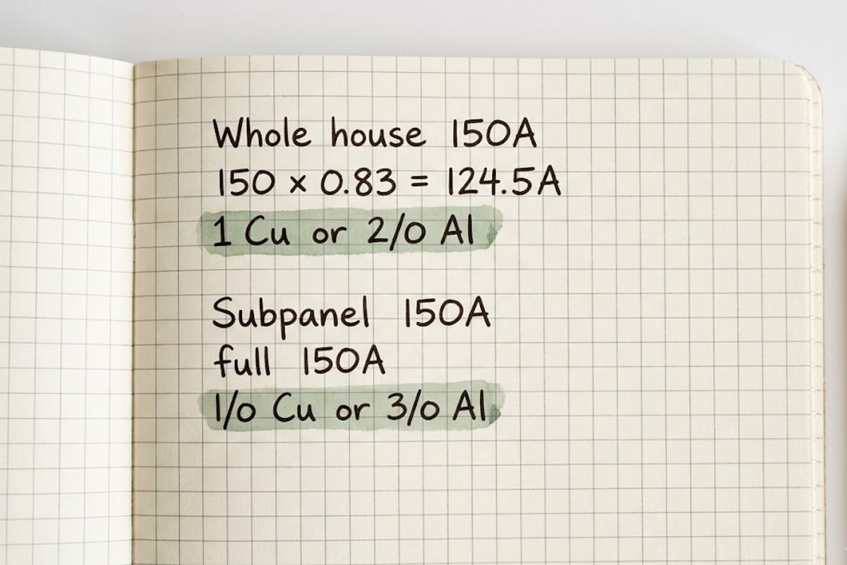 Handwritten sizing for a 150 amp service and a 150 amp subpanel