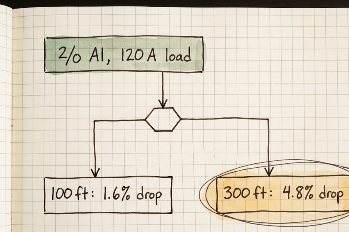 Voltage drop on 2/0 aluminum at 100 and 300 feet