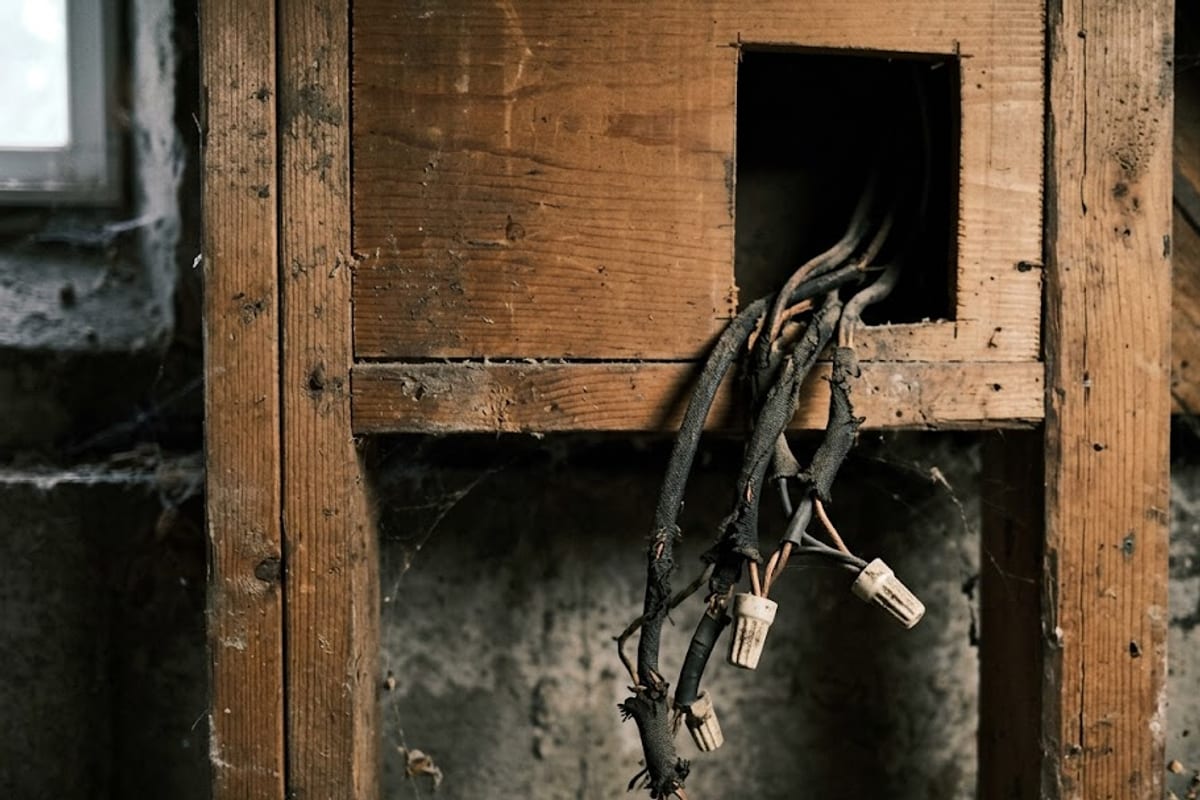 Old cloth-insulated wiring exposed behind a removed panel