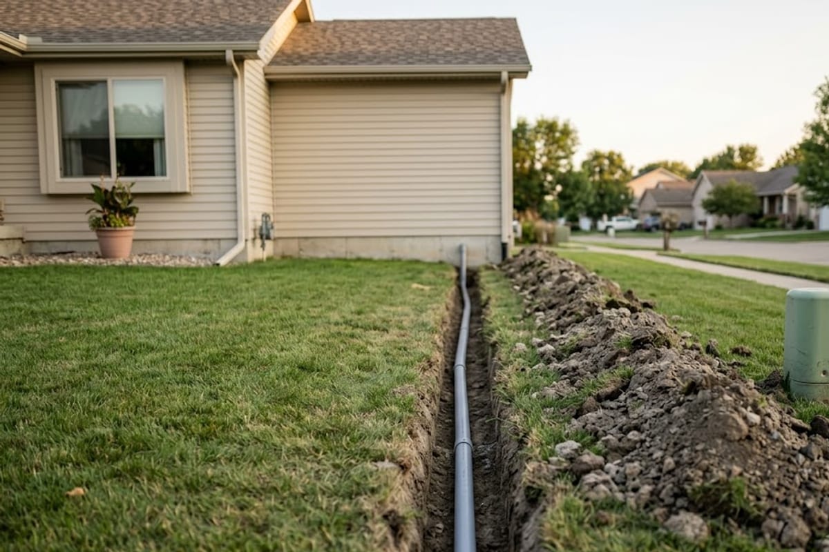An open trench across a lawn with grey conduit laid in it