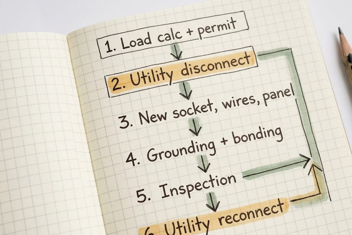 A handwritten list of the six steps of a service upgrade