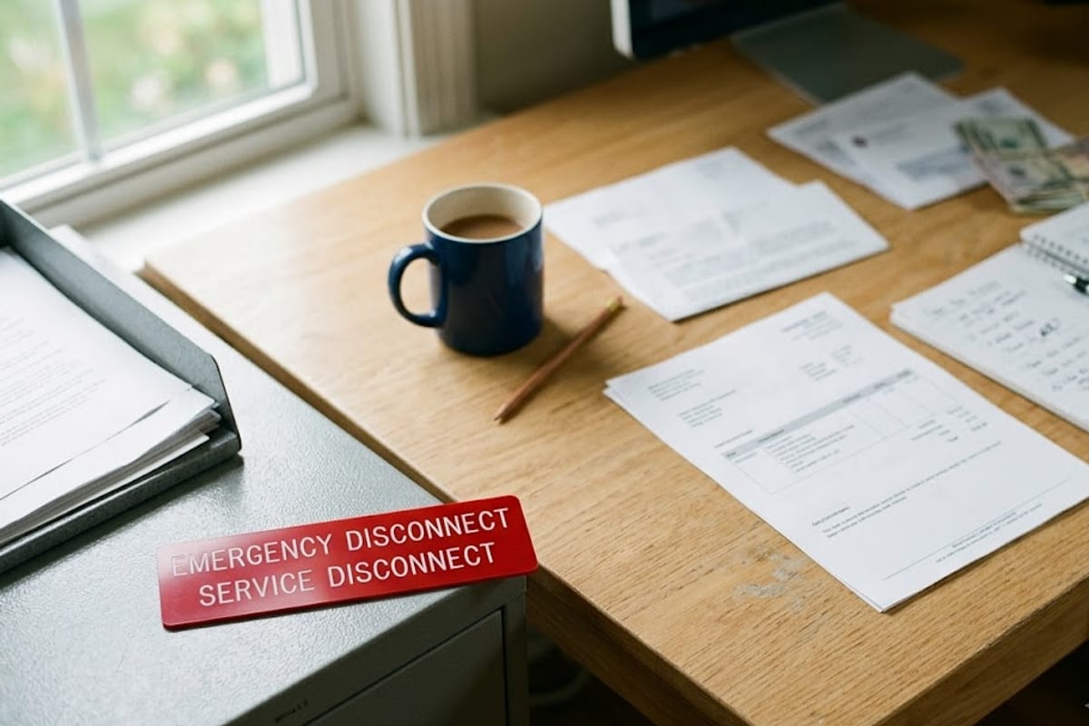 A red emergency disconnect label with white text