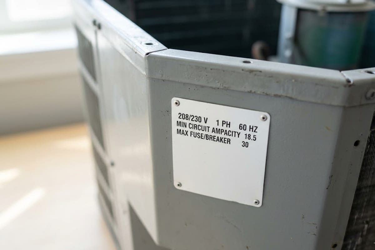 A heat pump nameplate showing minimum circuit ampacity and maximum breaker size