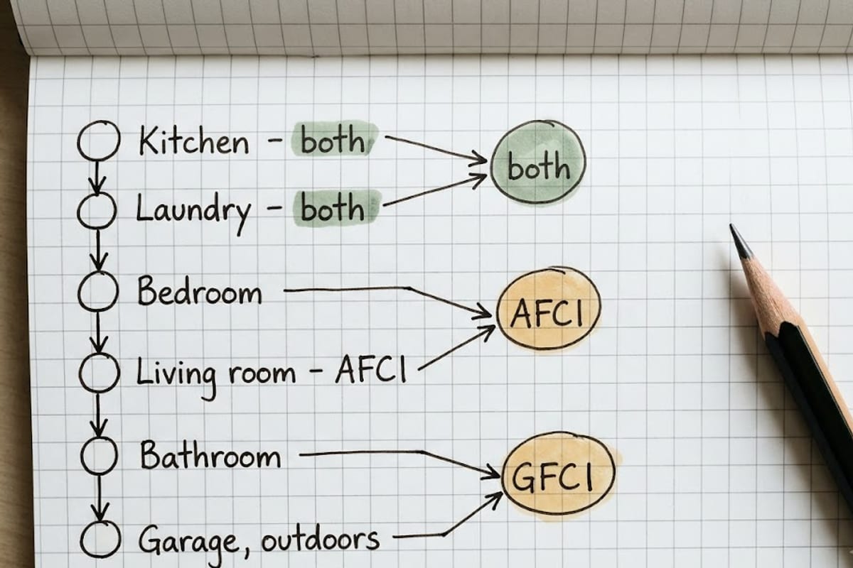 A handwritten table of rooms that need AFCI, GFCI or both