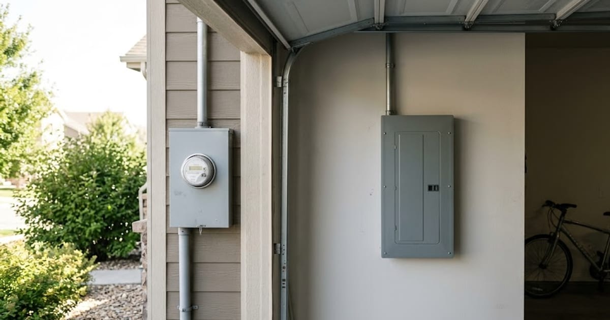 The outside and inside halves of an electrical service, meter socket on the siding and panel in the garage