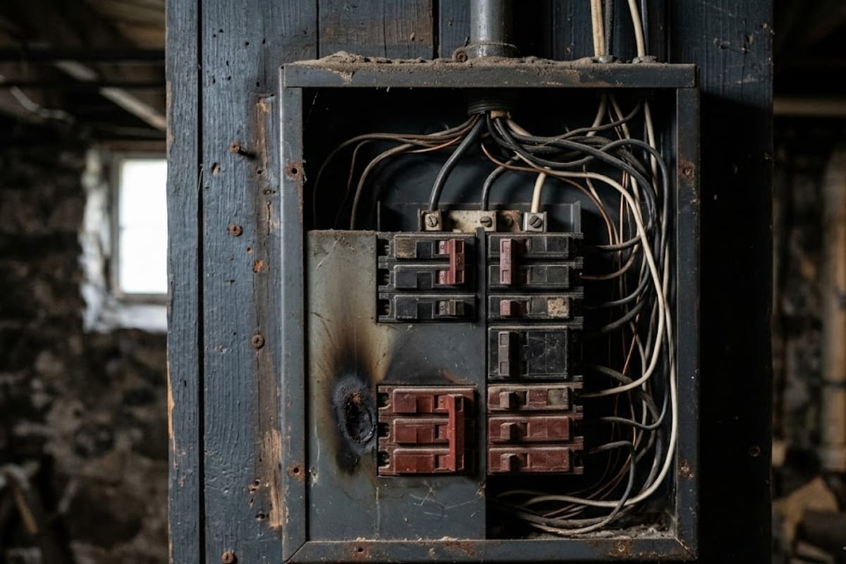 An old brown electrical panel with a split bus and scorch marks
