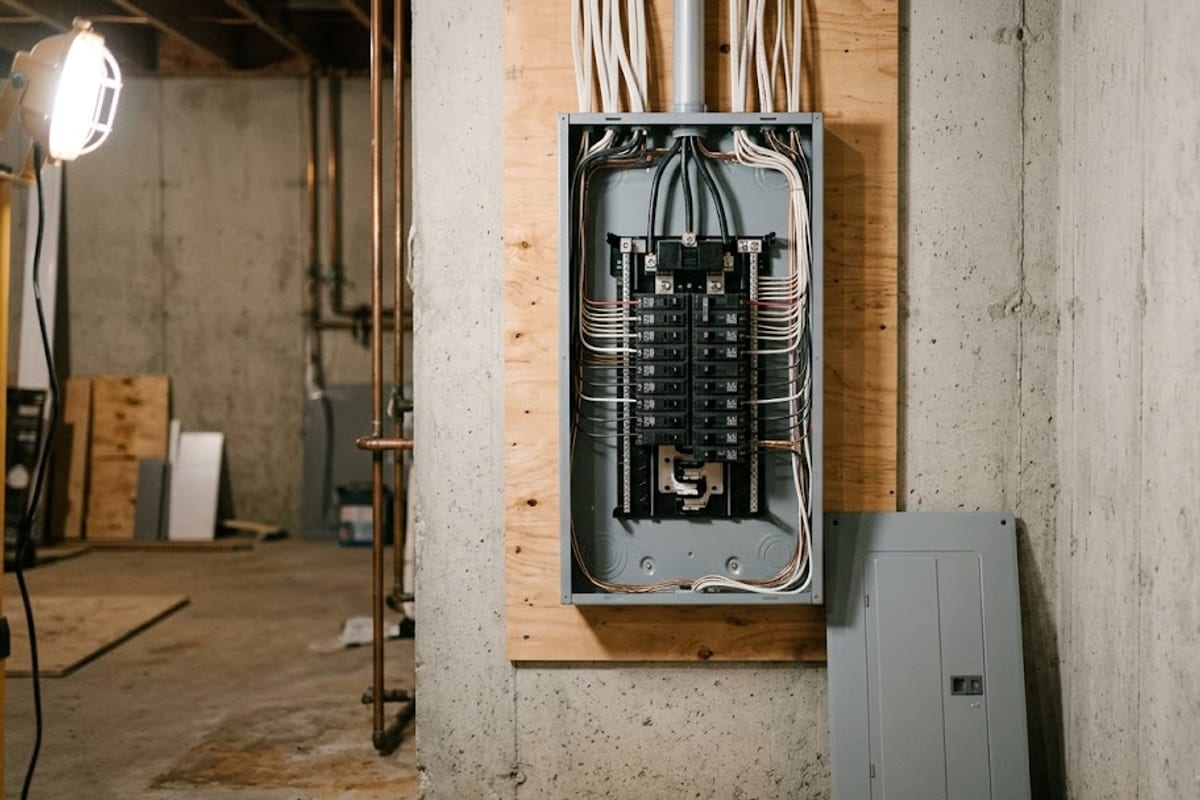 A newly installed panel with its dead-front cover off, ready for inspection